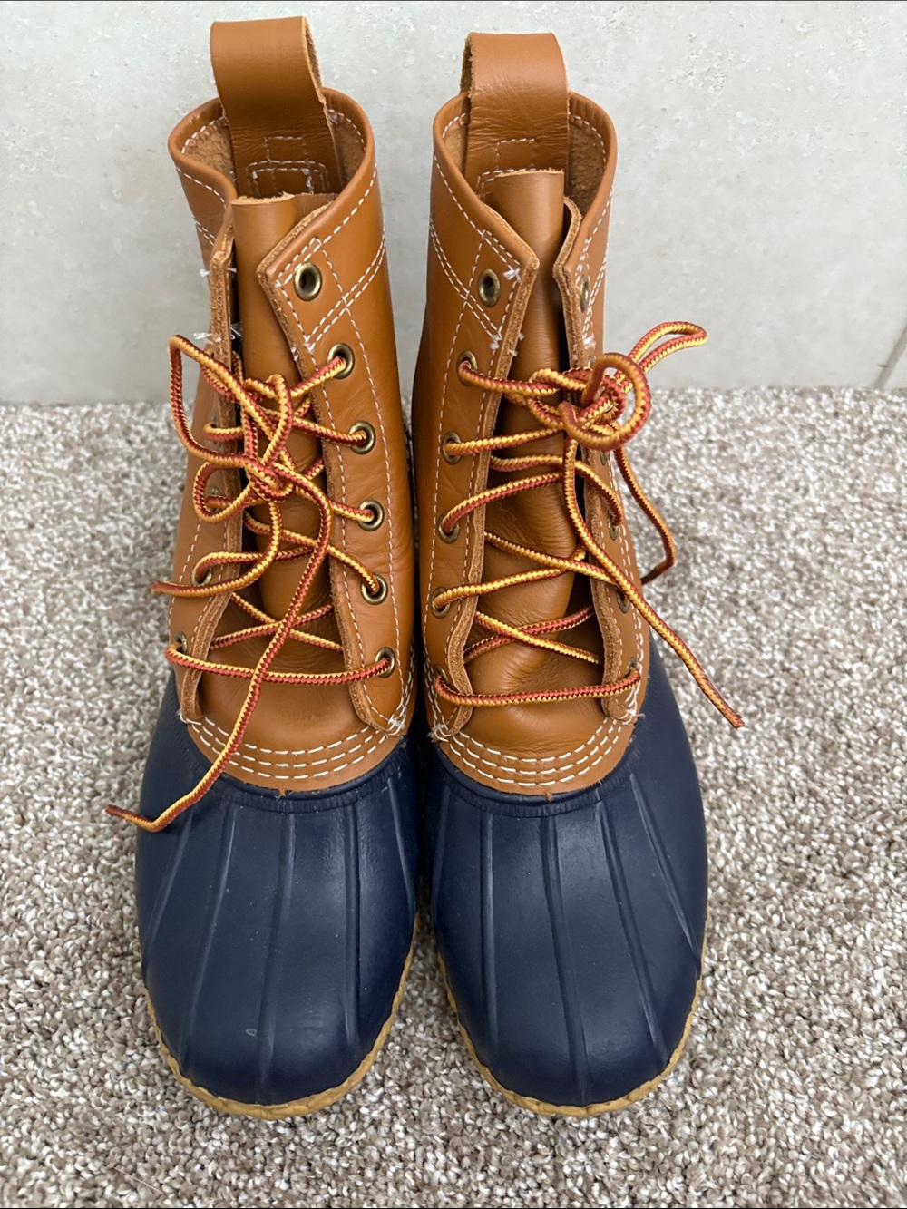 Women’s Two-Tone L.L. Bean Duck Boots in Tan and Navy